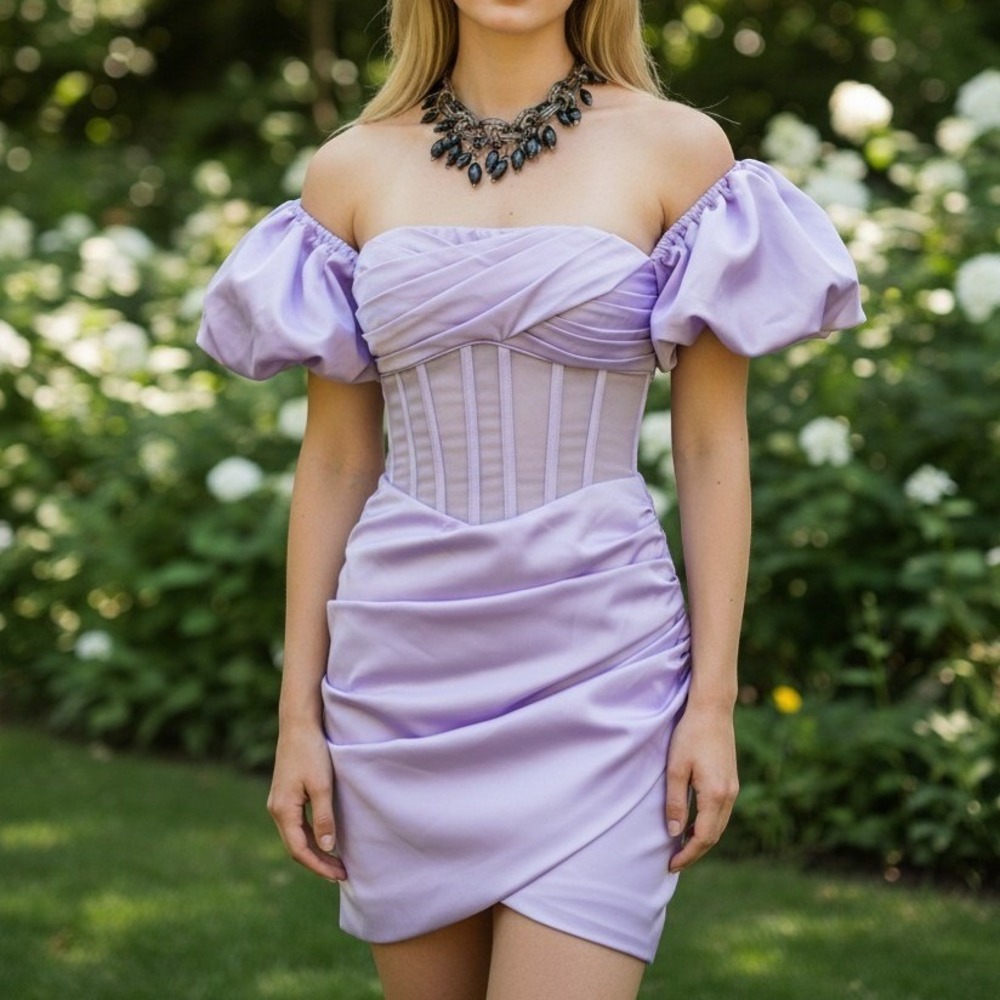 Alamour The Label Dress XS Lilac Purple Corset Puff Sleeve Ruched Mini NWT 4035